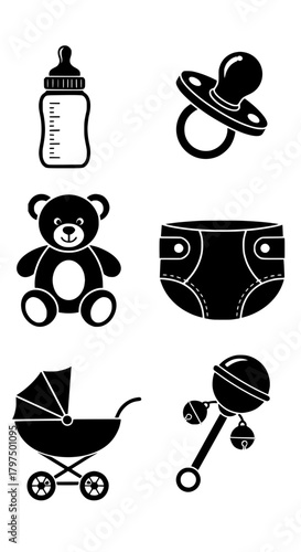 Baby icons newborn essentials pacifier bottle diaper teddy stroller rattle vector graphics black and white art silhouette