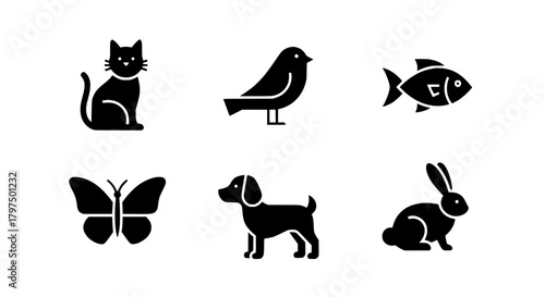 Black vector icons group  with various animals displayed as black glyphs against a white background in a simple graphic layout silhouette