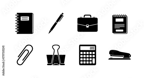 Black vector icons group  with office supplies icons representing various business and work related items in a simple graphic style silhouette