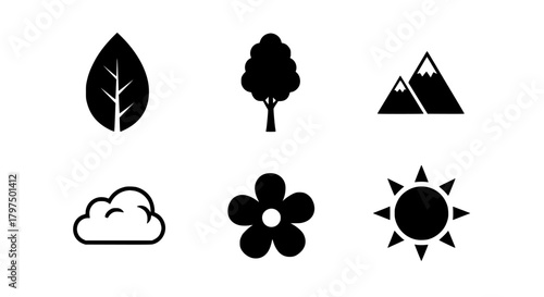 Black vector icons group  with a graphic arrangement showing leaf, tree, mountains ,cloud, flower and sun in a simplistic black and white style silhouette