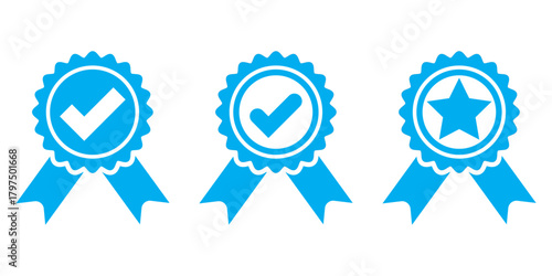 A colorful award badge vectors in various shapes and ribbon styles. Perfect for school projects, certificates, achievements, promotions. Red, Blue, green and Black Colorable and editable. EPS 10