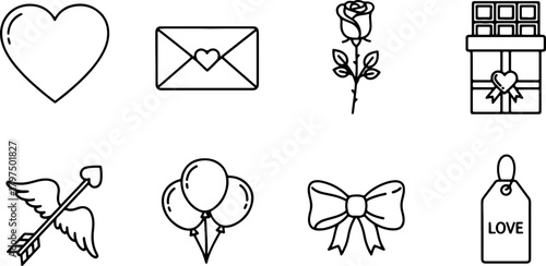 Lovely Valentine's Day icons featuring a heart, envelope, rose, chocolate, cupid's arrow, balloons, ribbon, and a tag with the word love, perfect for expressing affection