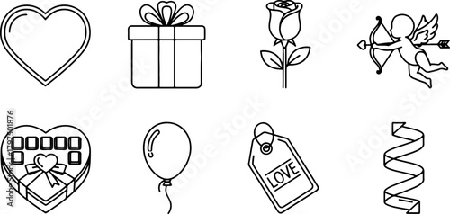 Celebrate love with charming line art icons for Valentine's Day, weddings, or heartfelt messages, perfect for adding a touch of romance to any design project