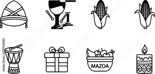 Celebrate Kwanzaa with this festive line art collection featuring drums, corn, gifts, and candles embodying the spirit of African American heritage