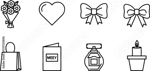 Gift icons for celebrations and special occasions: flowers, heart, ribbon, shopping bag, perfume, card, and candle in a minimal line art style graphic