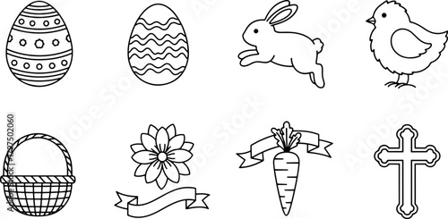 Cheerful Easter icons: Eggs, bunny, chick, basket, carrot, flower, and cross, perfect for spring designs, church flyers, and holiday marketing materials