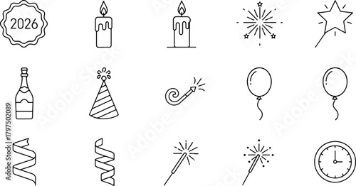 Celebrate 2026 New Year's Eve with festive icons! Sparklers, balloons, champagne and party favors for a joyous holiday celebration, scalable vector graphics