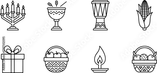 Celebrate Kwanzaa with festive icons menora, gifts, corn, candles, and harvest baskets for cultural events, community gatherings, and holiday season festivities
