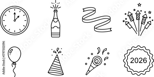 Festive New Year's Eve celebration icons radiate excitement, perfect for holiday promotions and party invitations that sparkle with joy and anticipation