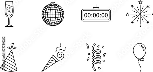 Celebrate the New Year with fun party icons! Countdown to midnight with a disco ball, champagne, confetti, party hat, noisemaker, balloon and fireworks