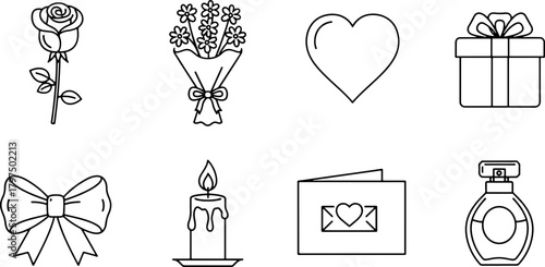 Romantic line art elements for Valentine's Day design projects, including a rose, flowers, heart, gift, bow, candle, love letter and perfume bottle