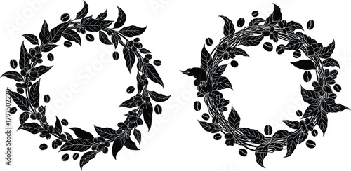 Ornamental round frames created from coffee beans, lush leaves, and delicate coffee flowers