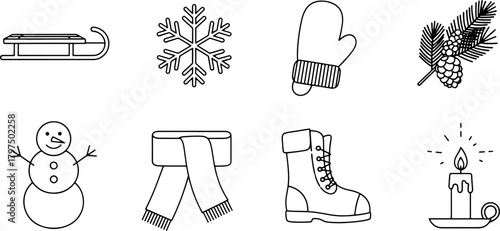 Winter season vector collection with sled, snowflake, mittens, pine branch, snowman, scarf, boot, candle for festive designs and holiday promotions