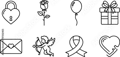 Elegant Valentine's Day icons for graphic design projects or romantic cards, vector art featuring Cupid, rose, heart, balloon, gift, love letter and a ribbon