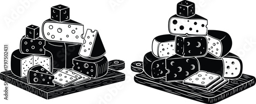 Stacked wheels and blocks of various cheeses on wooden cutting boards for a gourmet deli display