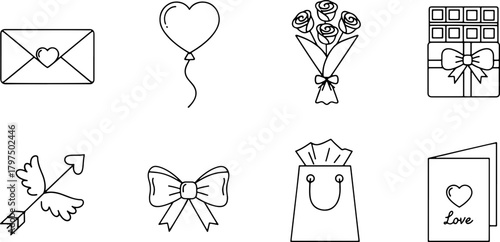 Adorable hand-drawn Valentine's Day doodles celebrate love with arrows, balloons, roses, chocolates, and sweet cards for heartfelt moments