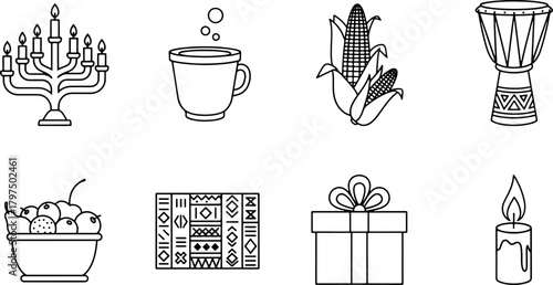Celebrate Kwanzaa with this collection of vector icons representing its seven principles, promoting unity and heritage this holiday season