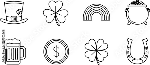 St. Patrick's Day icons for celebration, a festive outline of clover, rainbow, beer, pot of gold, coin, hat and horseshoe for luck and Irish cheer