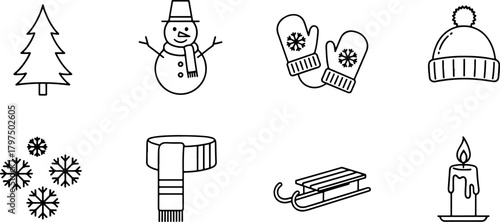 Festive winter icons collection with Christmas tree, snowman, mittens, and candle, perfect for holiday designs, cards, and seasonal promotions, originally vector art