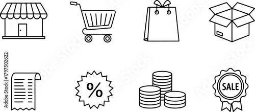 Essential shopping icons representing retail business, sales, and online commerce for a modern brand's marketing materials, originally designed as scalable vector art