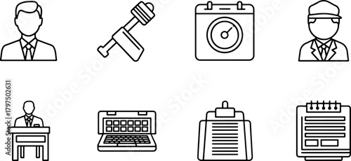 Modern business icons showing a manager, laptop, calendar, and documents for planning, productivity, or team efficiency in a corporate environment