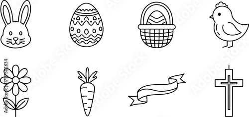 Delightful Easter icons featuring a bunny, decorated egg, basket, chick, flower, carrot, banner, and cross; perfect for spring holiday designs