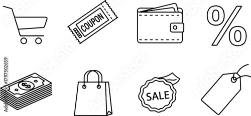 Shop the Sales with Cart, Coupons, Wallet, Money, Bag, and Tags in this Modern Black and White Design Originally from Scalable Vector Graphics