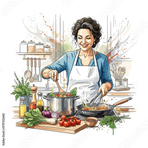 Watercolor Woman Cooking Meal in Kitchen