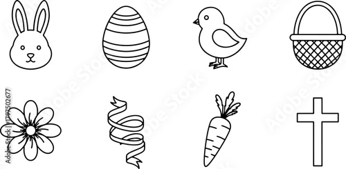 Cheerful Easter icons for spring celebrations Rabbit chick carrot flower and cross create whimsical designs for cards invitations and decorations