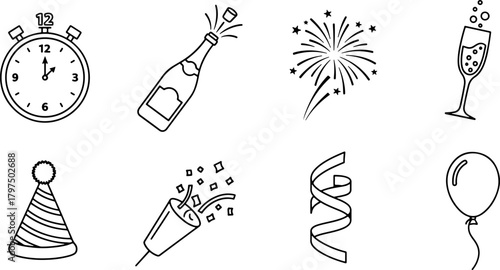 Festive New Year's Eve celebration icons create excitement for holiday greetings, event invitations, & countdown parties with champagne, fireworks, clock