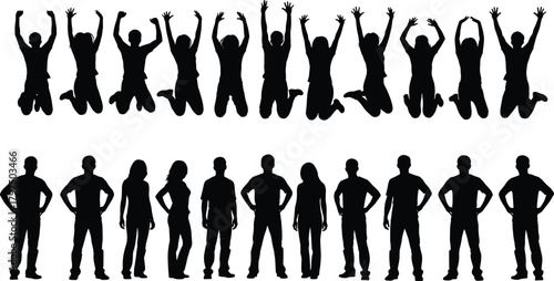 Silhouette people jumping with excitement and standing in group lineup, energetic human poses illustration showing joy, motion, expression and active lifestyle concept