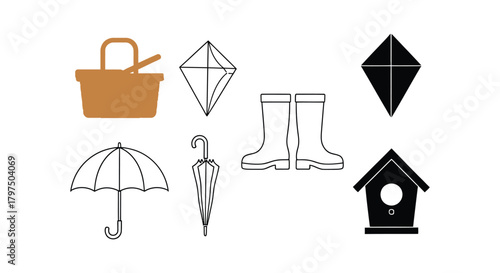 Spring vector elements picnic kite umbrella and rain boots art