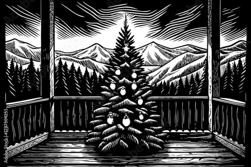 small Christmas tree decorated with lanterns stands on a wooden balcony overlooking snowy mountain peaks at sunset