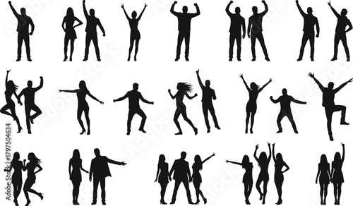 silhouette, people, group, pose, dynamic, movement, joy, dancing, jumping, celebration, expressive, black, figure, interaction, motion, social, illustration, graphic, design, energy, gesture
