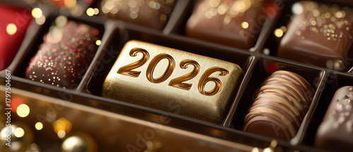 2026 new year banner with box of chocolates; life is a box of chocolate, you never now what you will get elegant concept 
