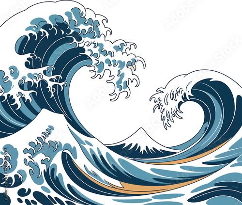 Japanese Great Wave Illustration with Mount Fuji ocean