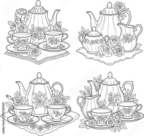 Set of Detailed Vintage Tea Cups and Pots with Roses Line Art Vector Illustration - Teatime Outline Graphic