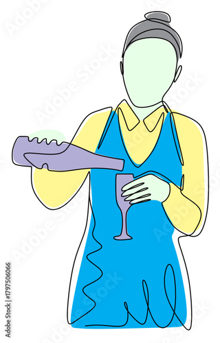Continuous line art of a woman working as a cafe waitress pouring wine from a bottle into a glass. The concept of the best service in a cafe or bar. Vector illustration with beautiful colors.