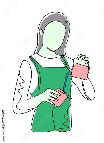 Continuous line art of a woman working as a cafe waitress pouring wine from a bottle into a glass. The concept of the best service in a cafe or bar. Vector illustration with beautiful colors.