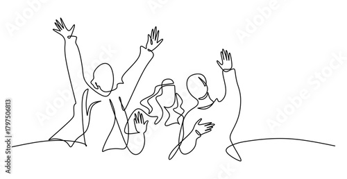 One line art happy team. Continuous line drawing of cheerful people raising hands