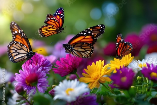 Butterflies delight in colorful garden blooms during a sunny spring afternoon