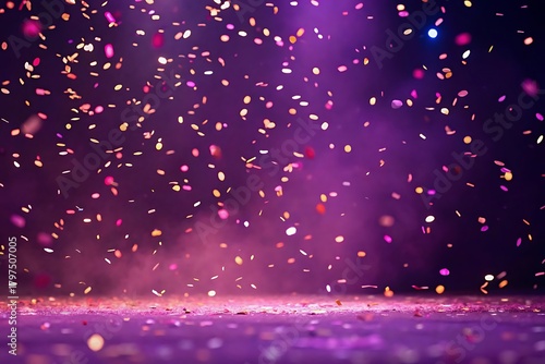 Confetti falling in purple light on a stage floor with spotlight