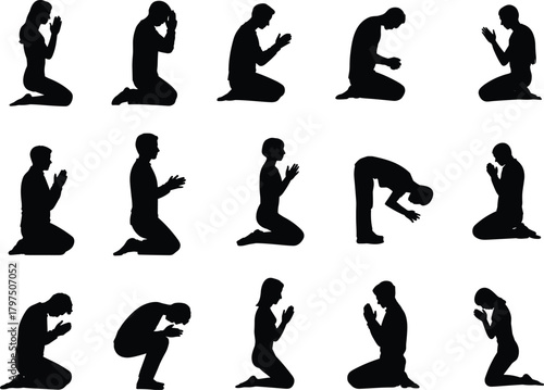 silhouette, prayer, meditation, kneeling, bowing, devotion, spiritual, pose, humble, worship, hands, head, black, figure, icon, religion, peaceful, illustration, posture, reverence