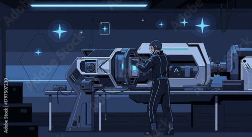 Futuristic laboratory scene with scientist operating advanced machinery and space exploration