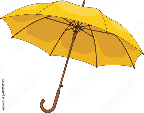 Bright Yellow Umbrella Open and Ready for Rain, Featuring Wooden Curved Handle, Representing Protection, Weather, and Autumn Season Vector Illustration