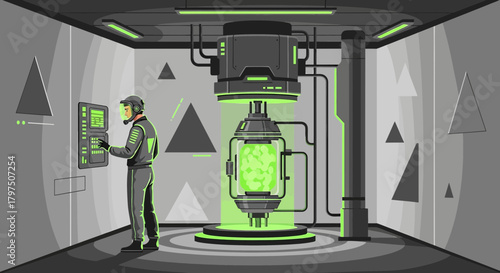 Futuristic laboratory with scientist operating a complex machine for scientific research