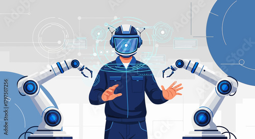 Futuristic industrial engineer operating robotic arms via advanced virtual reality interface in a