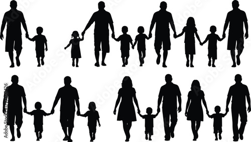 Foto Silhouette families walking together holding hands, parents and children group i