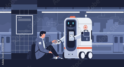 Futuristic medical assistant robot provides care and assistance to a person in need in a public area