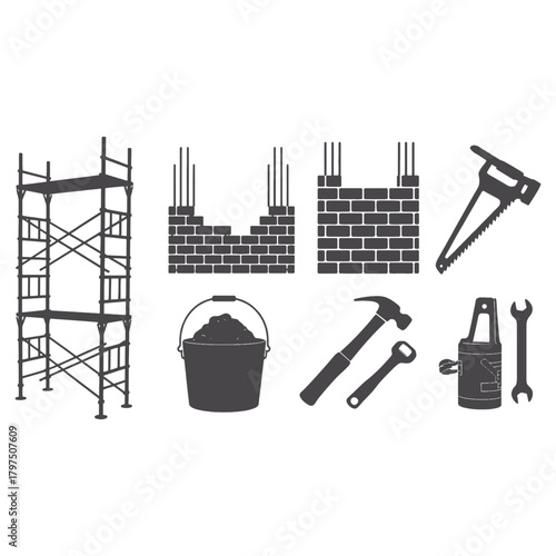 Construction icons including scaffolding brick wall building tools and bucket vector